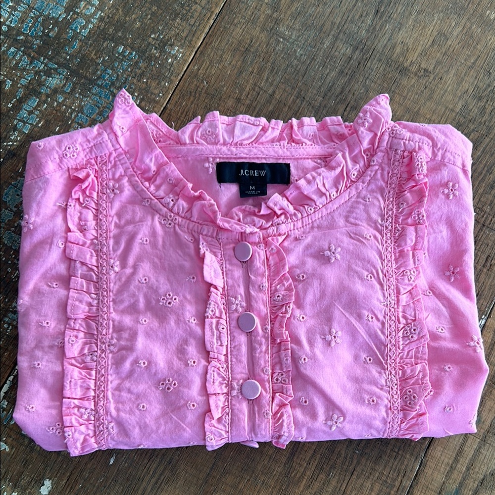 J. Crew Pink Eyelet Ruffle Front Blouse
